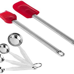 Amazon Brand – Solimo Silicone Kitchen Tool Set, Red (Spatula, Brush and Measuring Spoons)