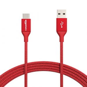 AmazonBasics Double Braided Nylon USB Type-C to Type-A 2.0 Male Cable, 10 Feet (3 Meters) – Red
