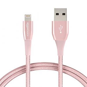AmazonBasics Double Nylon Braided Apple Certified Lightning to USB Charge and Sync Cable, Premium Collection, 3 Feet (0.9 Meters) – Rose Gold
