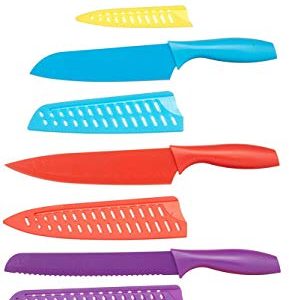 AmazonBasics 6 Stainless-Steel Colored Knives Set with Knife Covers