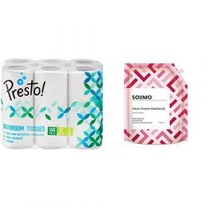 Amazon Brand – Presto ! 3 Ply Toilet Paper Tissue Roll – 12 Rolls (160 Pulls Per Roll) & Amazon Brand – Solimo Germ-Protect Handwash Liquid, Refreshing Rose, 1500 ml