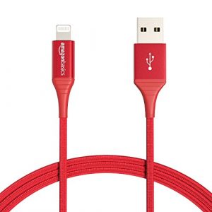 AmazonBasics Double Braided Nylon Lightning to USB Cable – Advanced Collection, MFi Certified Apple iPhone Charger, Red, 6-Foot (Durability Rated 10,000 Bends)
