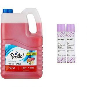 Amazon Brand – Presto! Disinfectant Surface Cleaner – 5 L (Floral) & Amazon Brand – Solimo Home Air Freshener Spray, 300 ml – Lavender Mist (Pack of 2)