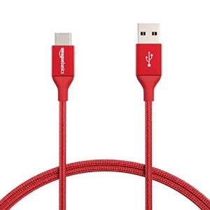 AmazonBasics Double Braided Nylon USB Type-C to Type-A 2.0 Male Cable, 3 feet, Red