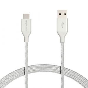 AmazonBasics Double Braided Nylon USB Type-C to Type-A 2.0 Male Cable, 6 feet, Silver