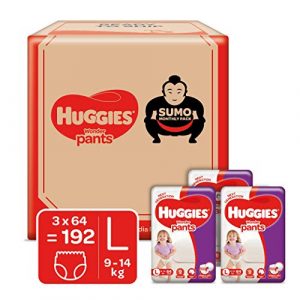 Huggies Wonder Pants Diapers Sumo Pack, Large (L) size baby diaper pants, with Bubble Bed Technology for comfort, (9.0 kg – 14.0 kg) (192 count)