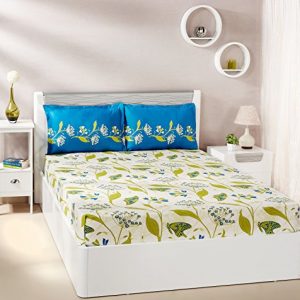 Amazon Brand – Solimo Lily Bloom 144 TC 100% Cotton Double Bedsheet with 2 Pillow Covers, Green