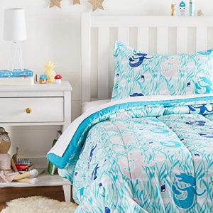 AmazonBasics Kid’s Comforter Set – Soft, Easy-Wash Microfiber – Single, Blue Mermaids