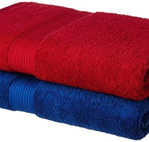 Amazon Brand – Solimo 100% Cotton 2 Piece Bath Towel Set, 500 GSM (Iris Blue and Spanish Red)