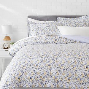 AmazonBasics Microfiber 3-Piece Quilt/Duvet/Comforter Cover Set – Queen, Blue Floral – with 2 pillow covers